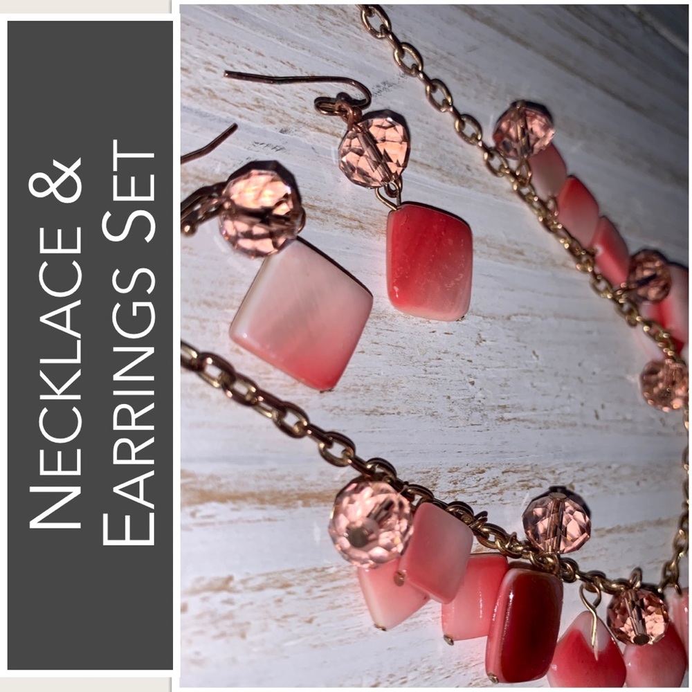 Lucite & Acrylic Jewels Necklace & Earrings in Pink & White Gradients Vintage - Picture 9 of 13
